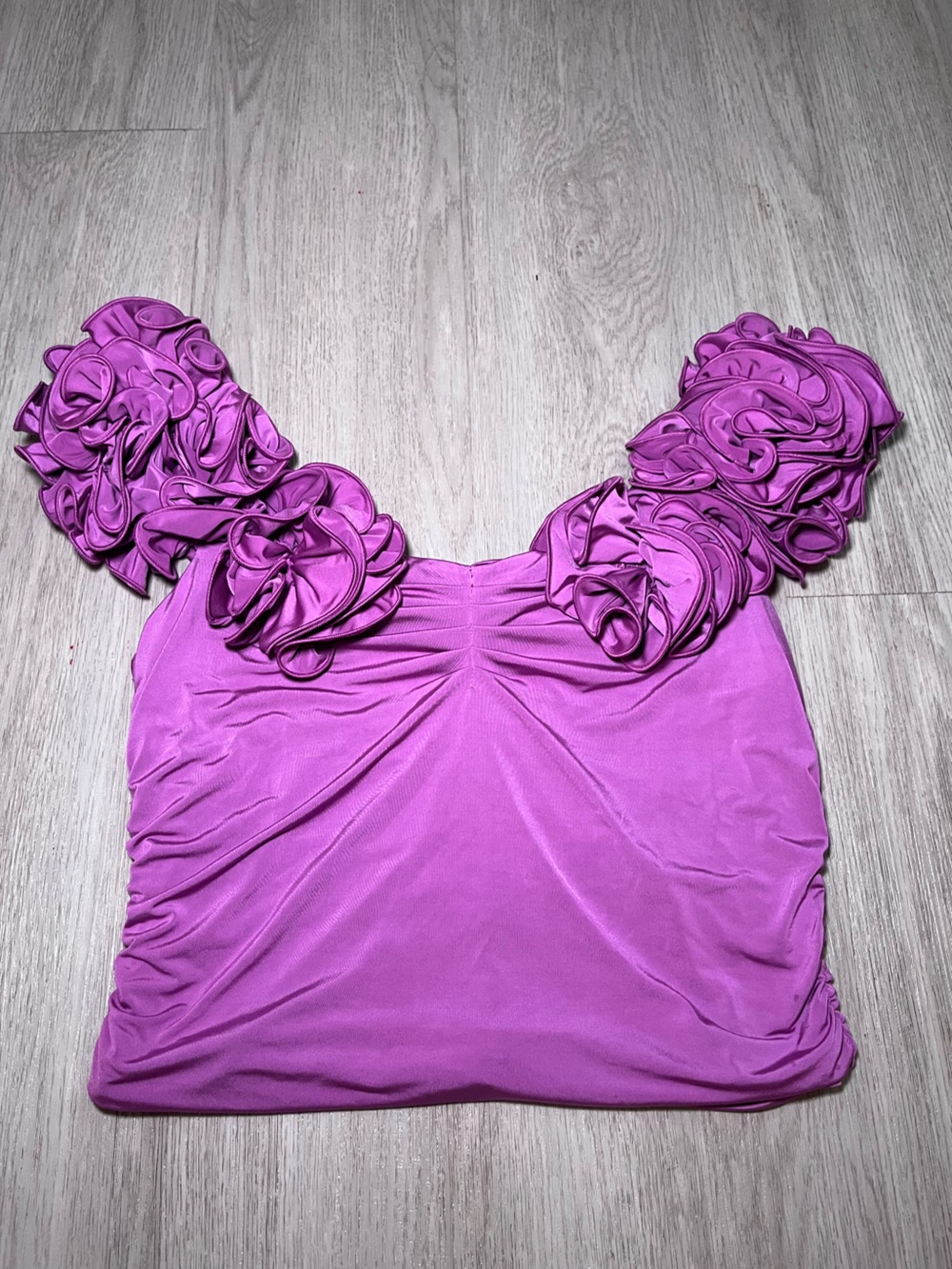 Express Purple Off Shoulder Rosette Ruched Top Large